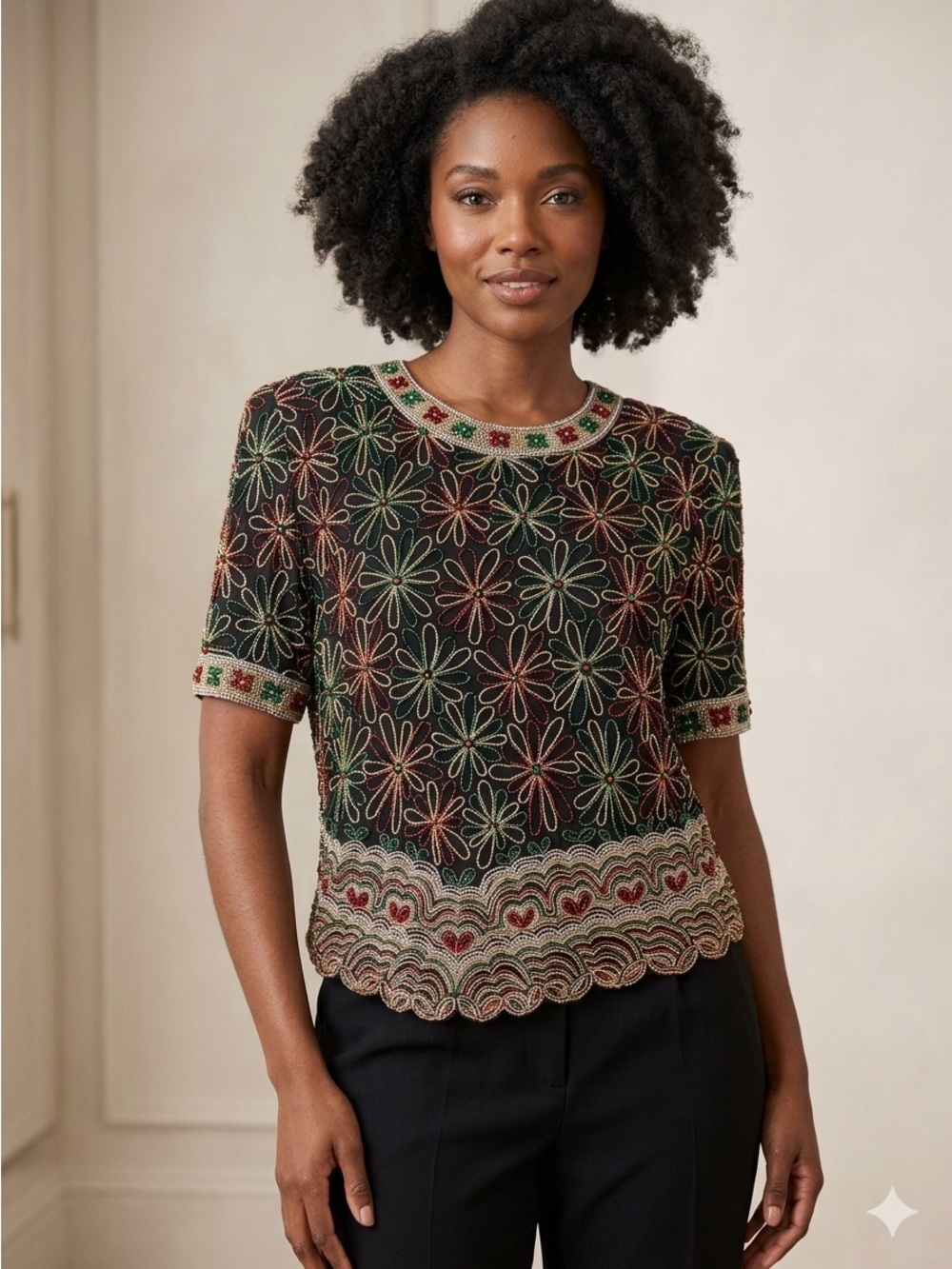 Laurence Kazar Blouse Beaded Vintage Red Green Gold Silver Size 2x